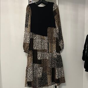 Chic Patchwork Animal Print Long Sleeve Dress